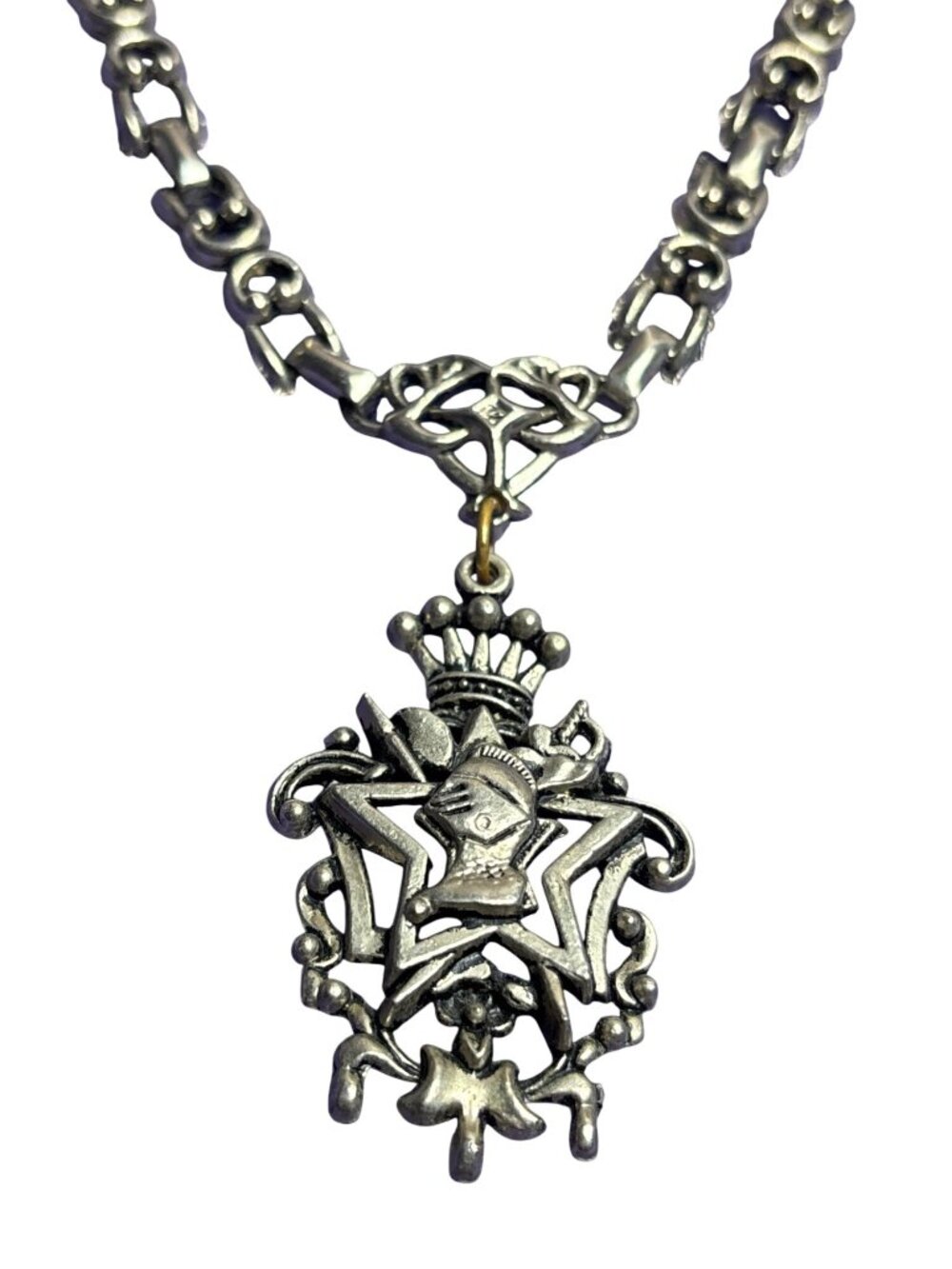Vintage Silvertone Necklace Knight Helmet Crest Fold Over Clasp 18 inches Long